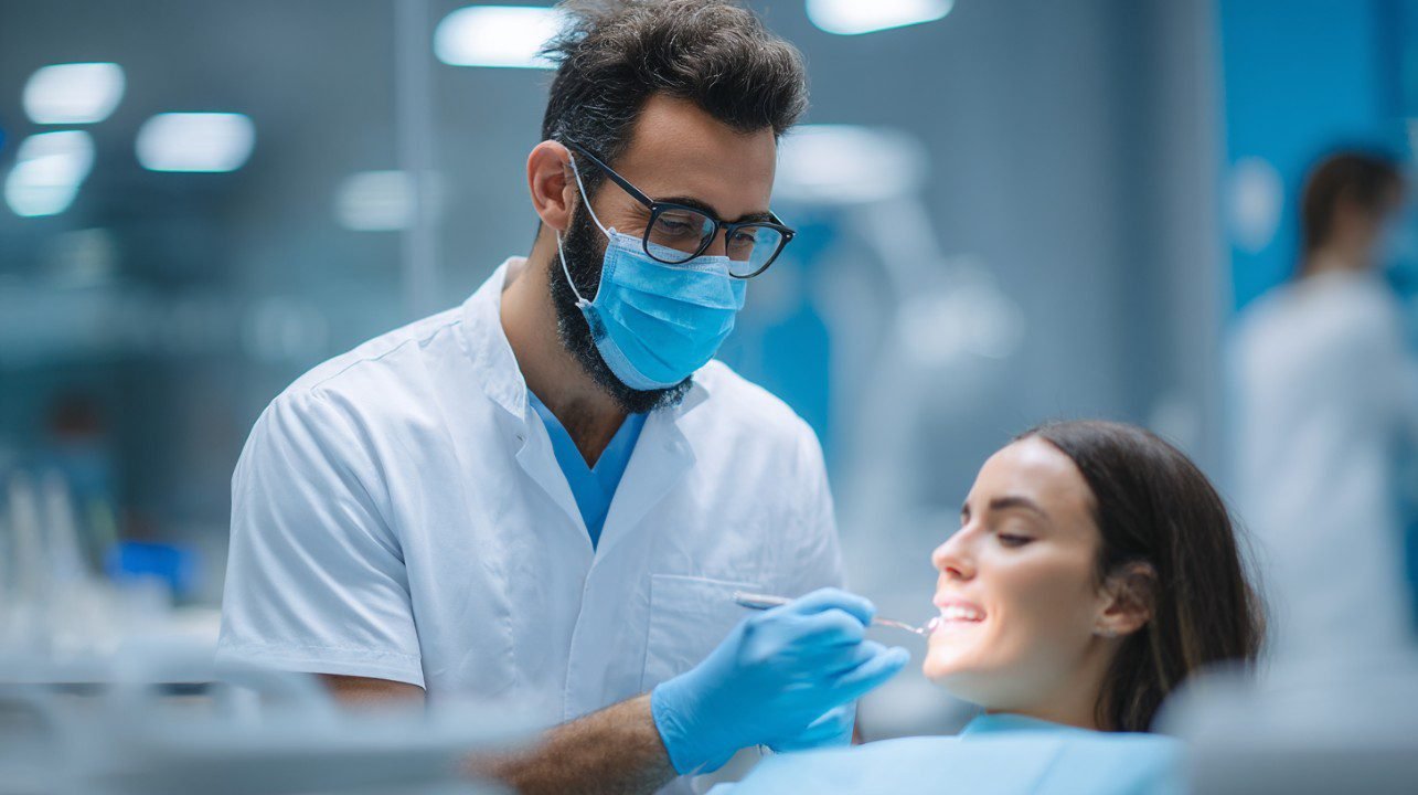Modern dental clinic with smiling patient and dentist
